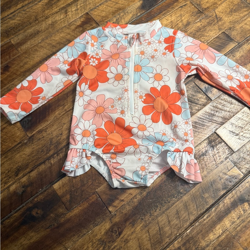 Floral Fun Kids Rashguard - Orange and Pink